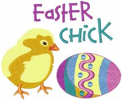 Playful yellow chick beside a colorful decorated egg, featuring 'EASTER CHICK' text, perfect for Easter.