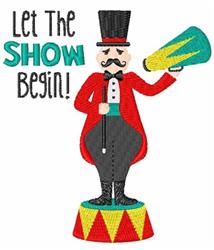 Circus ringmaster in a red tailcoat and black top hat holds a megaphone, set against a colorful, whimsical backdrop.