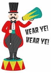 Colorful circus ringmaster in a red coat and black top hat, holding a turquoise megaphone. Perfect for festive occasions.