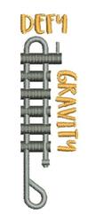 Text design 'DEFY GRAVITY' in bold yellow-orange, playful style with metallic grey loop, vertical layout.