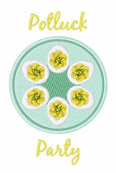 Whimsical deviled eggs in a circle with yellow filling on a mint green background, festive 'Potluck Party' text.