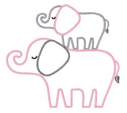 Playful elephant stacked with a smaller companion, featuring pink and grey outlines and cheerful faces.
