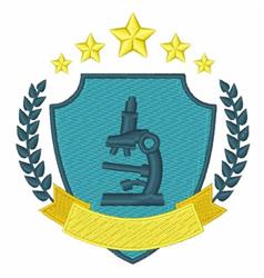 Modern microscope shield in blue with gold stars, green laurel leaves, and yellow banner, ideal for embroidery.