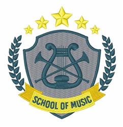 Emblematic shield with crossed musical horns, lyre, and stars, surrounded by laurel branches for a classic look.