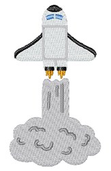 Cartoonish rocket with a white body and black accents launching, surrounded by gray smoke and dynamic flames.