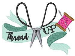 Playful design featuring silver scissors with a mint ribbon saying 'Thread UP' and a vibrant pink thread spool.