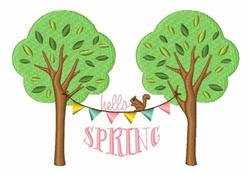 Playful squirrel among lush green trees, colorful flags, and a 'hello SPRING' banner in a vibrant spring scene.