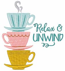 Playful stack of pastel teacups with steam rising and 'Relax & Unwind' text, perfect for kitchen decor.