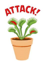 Cartoon Venus flytrap with vibrant green leaves and red accents in a terracotta pot, playful theme.