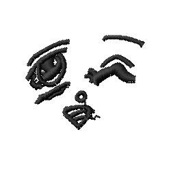 Abstract facial elements in black thread, featuring stylized eyes, eyebrows, and a mouth in a minimalist design.