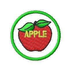 Playful red apple with green leaves, featuring the text 'APPLE' in yellow, enclosed in a green circle.