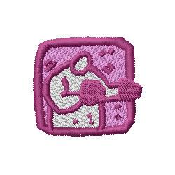 Cheerful bear head in white with purple accents inside a pink square, playful design for kids' items.