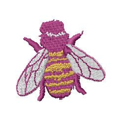 Colorful bee with purple and yellow stripes, intricate white wings, playfully designed for vibrant embroidery.