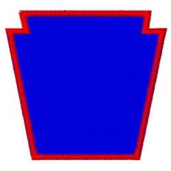 Bold geometric shape in blue with a red outline, featuring a minimalist and contemporary design.
