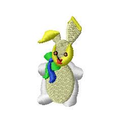 Cheerful bunny with yellow ears and colorful bow around its white body, perfect for festive Easter decor.