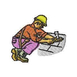Cartoon construction worker kneeling with tools, wearing yellow hard hat, orange shirt, and pink pants. Standard design.