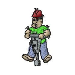 Cartoon man joyfully works with a jackhammer, wearing a red helmet and green shirt on a concrete surface.