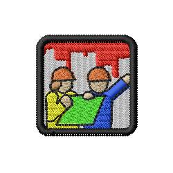 Two playful construction workers with orange hard hats examine green blueprints, set against a colorful cityscape.