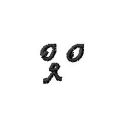Simple dog face in black stitching with rounded eyes, a triangular nose, and a playful expression.