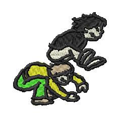 Cartoonish design of two leaping stylized figures; a black figure and a vibrant yellow-green figure, showcasing energy.