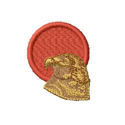 Realistic eagle head in gold and brown hues, outlined boldly on a vivid red circular background for a striking patch design.