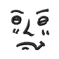 Simple embroidered face featuring bold black lines, frowning mouth, and tilted eyebrows in a playful cartoon style.