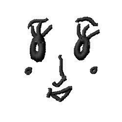 Cartoonish face with large eyes and a curved mouth, embroidered in black on white, playful and minimalistic.