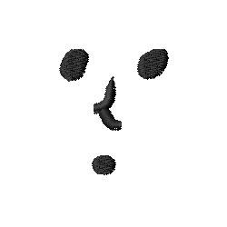 Minimalistic facial features with black stitching on white; playful eyes and mouth in a simple cartoonish style.