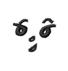 Playful facial features in black, featuring cartoonish eyes and mouth on a white background.