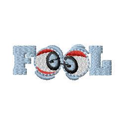 Playful text 'FOOL' with whimsical eye motif as 'O', vibrant blue and red colors, humorous design.