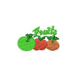 Colorful green apple, red tomato, and orange fruit with green leaves, text 'Fruits' above in bright green.