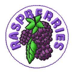 Colorful grape cluster with purple grapes and green leaves, featuring playful circular text 'RASPBERRIES'.