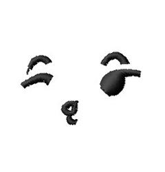 Happy face with black embroidery featuring raised eyebrows and a smiling mouth, exhibiting a simple and playful style.
