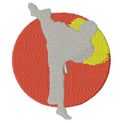 Karate practitioner executing a high kick in a stylized pose, set against a vibrant red circle with yellow highlights.