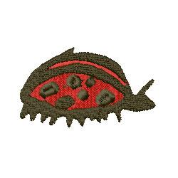 Cartoon ladybug with a red body and black spots, accented by green elements, in a playful style.