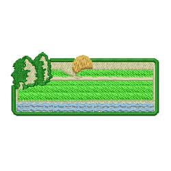 Vibrant landscape scene featuring lush green grass, blue water, two trees, and a golden haystack in a serene setting.