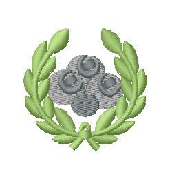 Laurel wreath in vibrant green encircling three textured gray circles, symmetrical and modern design.
