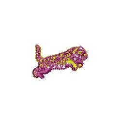 Vibrant leaping cat in purple with yellow accents, capturing playful energy in a lively pose.