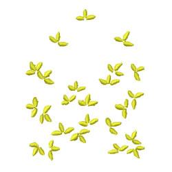 Light green leafy elements scattered playfully on a white background, creating a whimsical and airy feel.