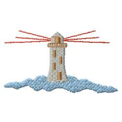 Realistic lighthouse on stylized blue waves with light beams and horizontal lines, perfect for nautical decor.