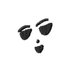 Minimalist face with black embroidery elements, featuring abstract eyes and mouth on a white background.