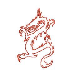 Redwork mythical creature in a playful pose, outlined in bold red, designed as simple line art.