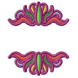 Ornate decorative embroidery element in vibrant purple, green, and orange. Features intricate flourishes and symmetrical desi