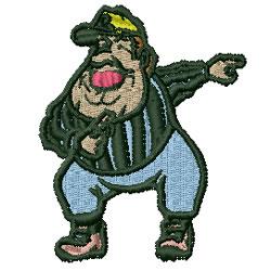 Cartoonish referee character in a striped shirt and blue pants, playfully gesturing with a big smile.