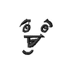 Smiley face in playful cartoon style featuring two round eyes and a broad smile, created with black thread.