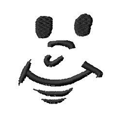 Smiling face with black embroidery threads, featuring circular eyes and a curved mouth, cheerful style.