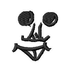 Smiling face with playful round eyes and a wide grin, stitched in black thread on white background.