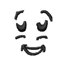Cute smiling face with cartoonish eyes and a bold curved smile, stitched with clean black lines on a white background.