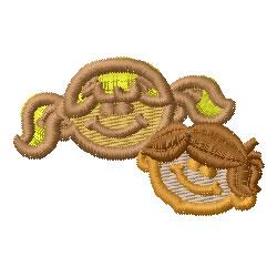 Cheerful Applique design of two smiling faces, one with pigtails and one in a cap, featuring light brown and beige tones.