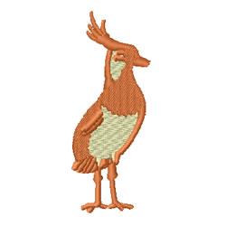 Stylized bird in playful pose with orange body, light green accents, and whimsical details.